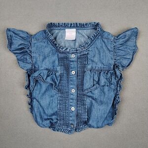 Gap X LoveShackFancy Girls Medium (7-8) Denim Ruffle Button Front Top Cute EC